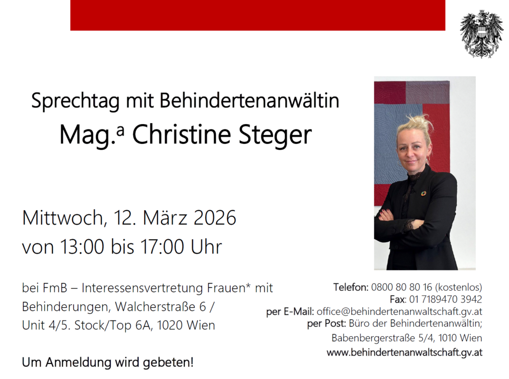 Sprechtag mit Behindertenanwältin Mag.a Christine Steger, rechts ist ein Foto von ihr.