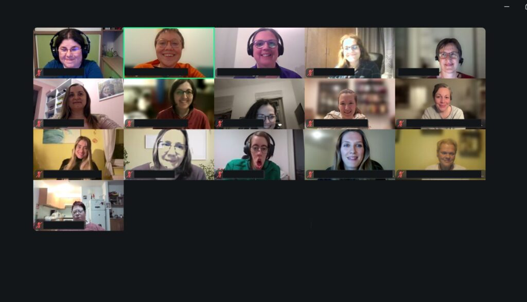 Ein Screenshot eines Videoanrufs mit mehreren Teilnehmenden in einer Rasteransicht. Insgesamt sind 16 Personen zu sehen, die meisten lächeln oder schauen in die Kamera. Einige tragen Headsets oder Brillen. Die Hintergründe variieren zwischen Wohnräumen, Regalen und unscharfen virtuellen Hintergründen. Die Mikrofone sind stummgeschaltet, was durch entsprechende Symbole angezeigt wird. Die Namen der Teilnehmenden sind geschwärzt.