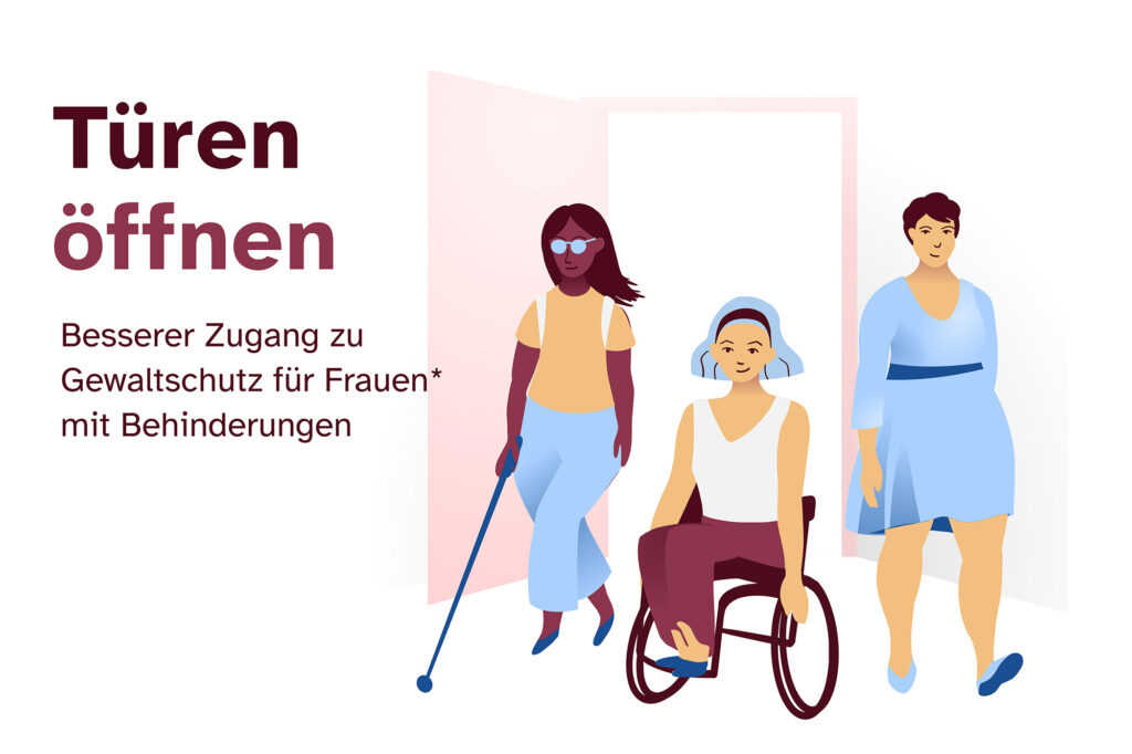 Türen öffnen – Besserer Zugang zu Gewaltschutz für Frauen* mit Behinderungen. Illustration: drei Frauen* vor einer offenen Tür, eine mit Langstock, eine im Rollstuhl, eine stehend.