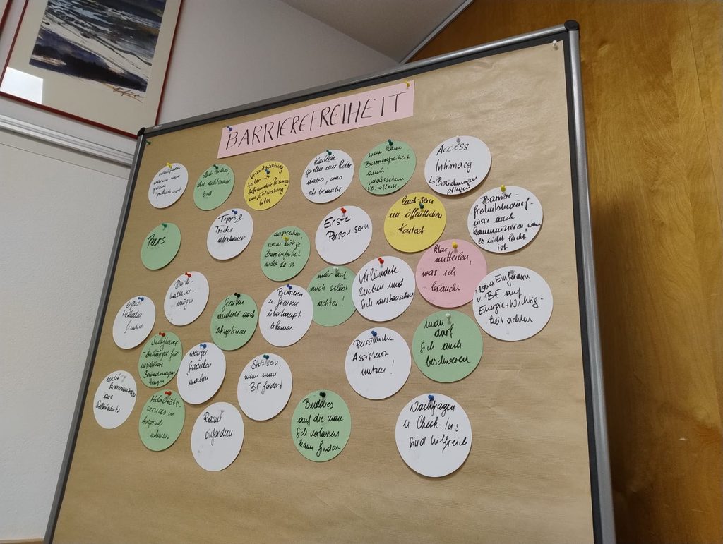Pinnwand mit dem Titel „Barrierefreiheit“. Darauf hängen zahlreiche bunte Karten mit handschriftlichen Ideen und Vorschlägen rund um Barrierefreiheit.